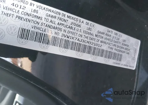 2012 Volkswagen Jetta 2.0L S из США, поврежденный, VIN 3VW1K7AJ3CM321012